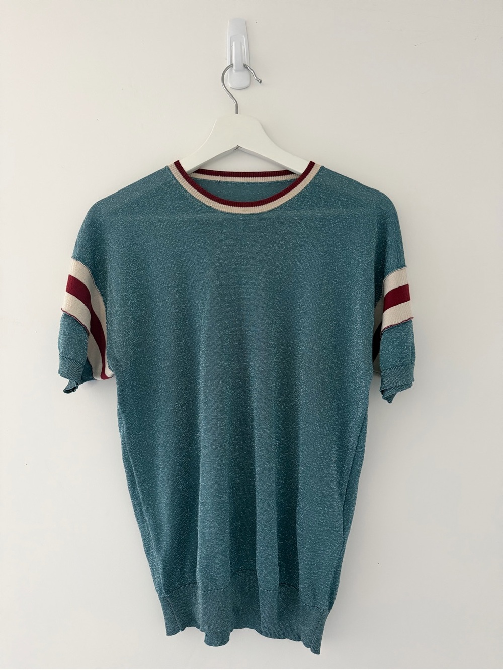 Golden Goose Teal Short-Sleeve Knit Tee with Maroon and Cream Stripes